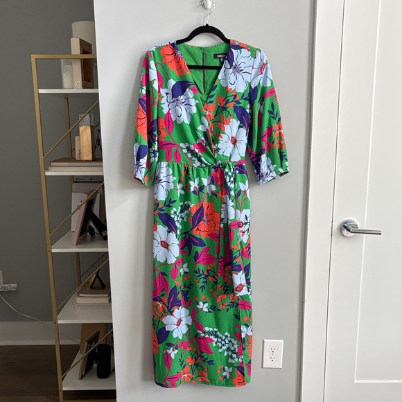 Kensie Floral Wrap Midi Dress in Green and Orange - Picture 1 of 5
